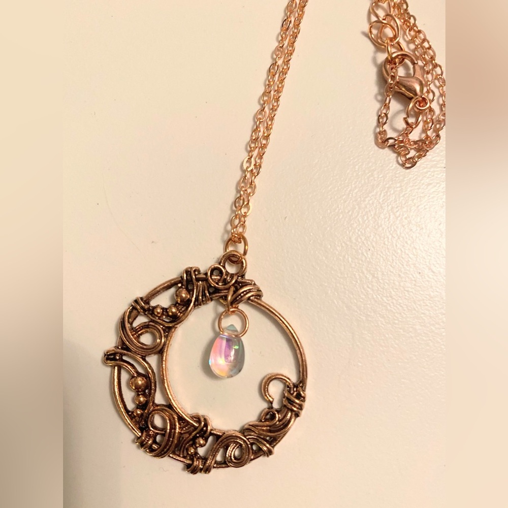Red Copper Wire-Wrapped Circle Moon Pendant Necklace with Iridescent Teardrop
